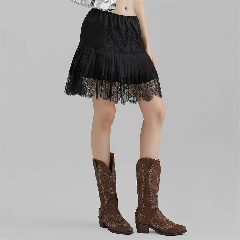 Women Y2k Lace Mini Skirts, Low Rise Pleated Ruffle Half Slip Skirt Layered Flowy Short Skirt Streetwear