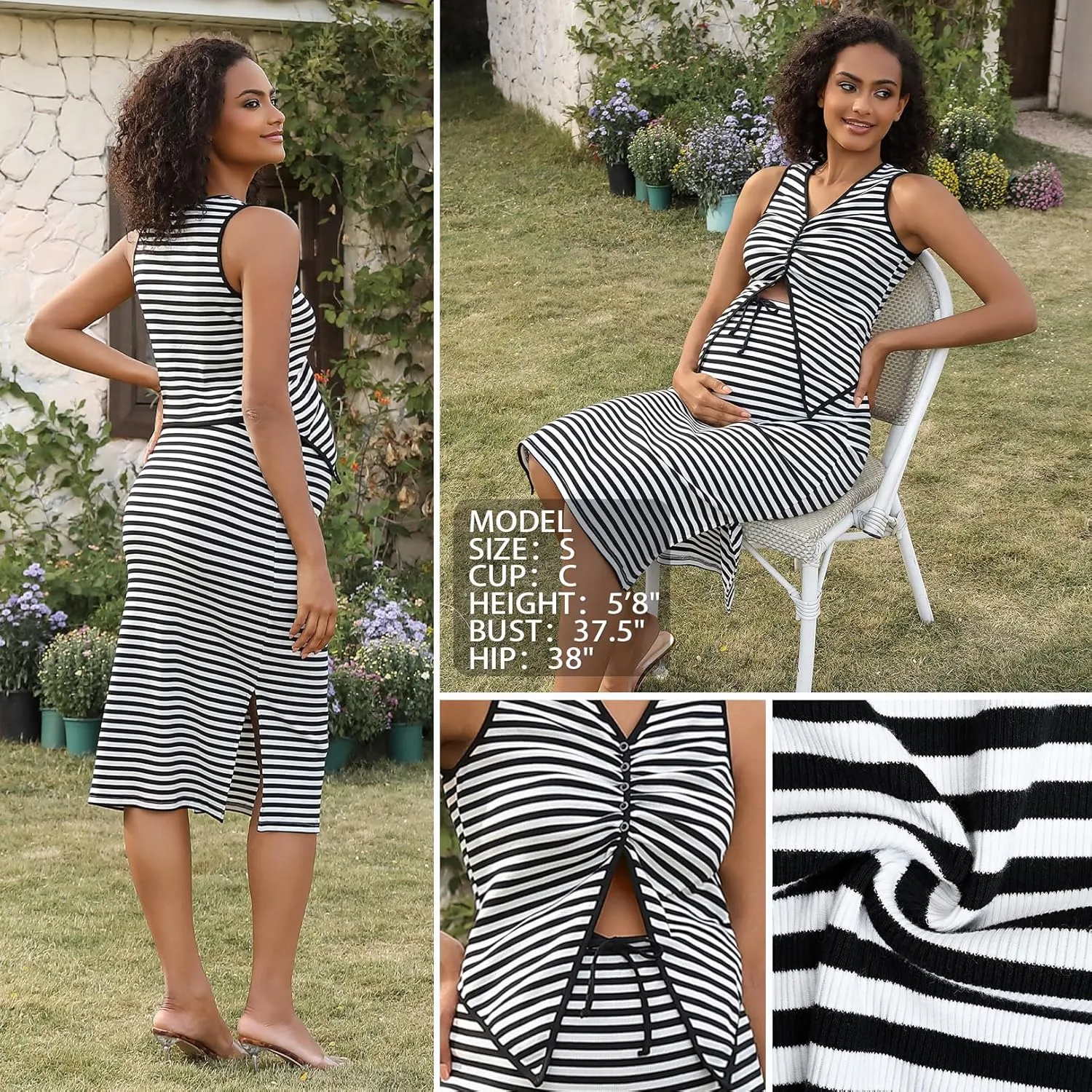 Women's 2 Piece Maternity Outfits Striped Sleeveless Button Up V Neck Vest Top and Knee Length Skirt Set