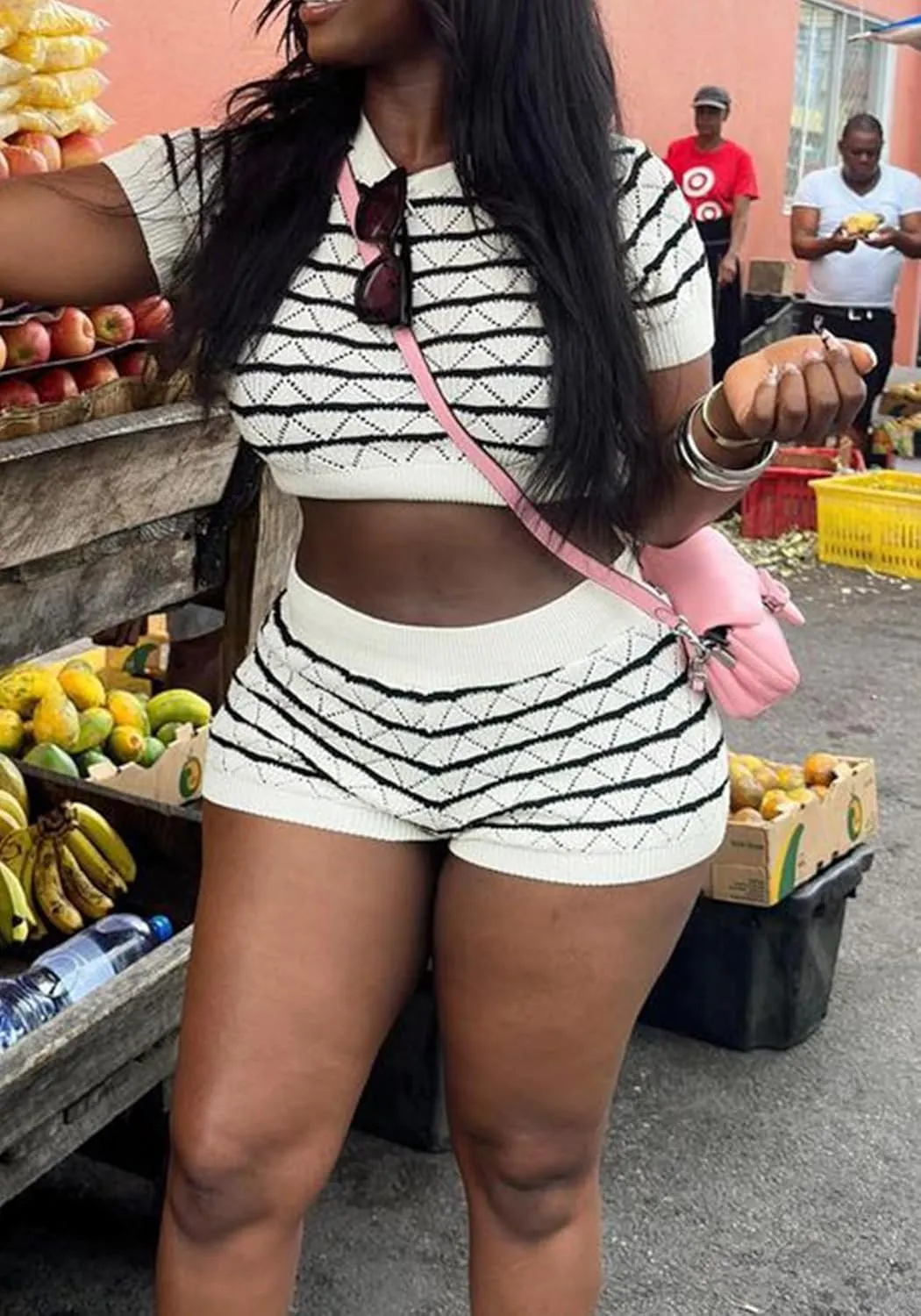 Womens 2 Piece Outfits Summer Knit Shorts Set Short Sleeve Crop Tops High Waist Macthing Short Lounge Set