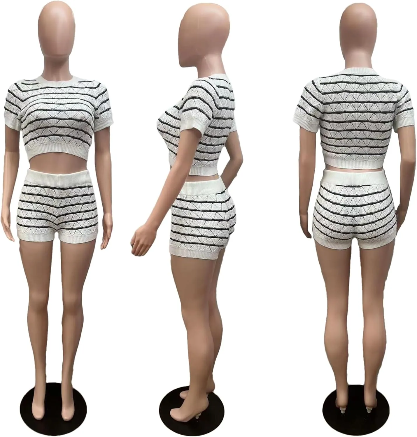 Womens 2 Piece Outfits Summer Knit Shorts Set Short Sleeve Crop Tops High Waist Macthing Short Lounge Set