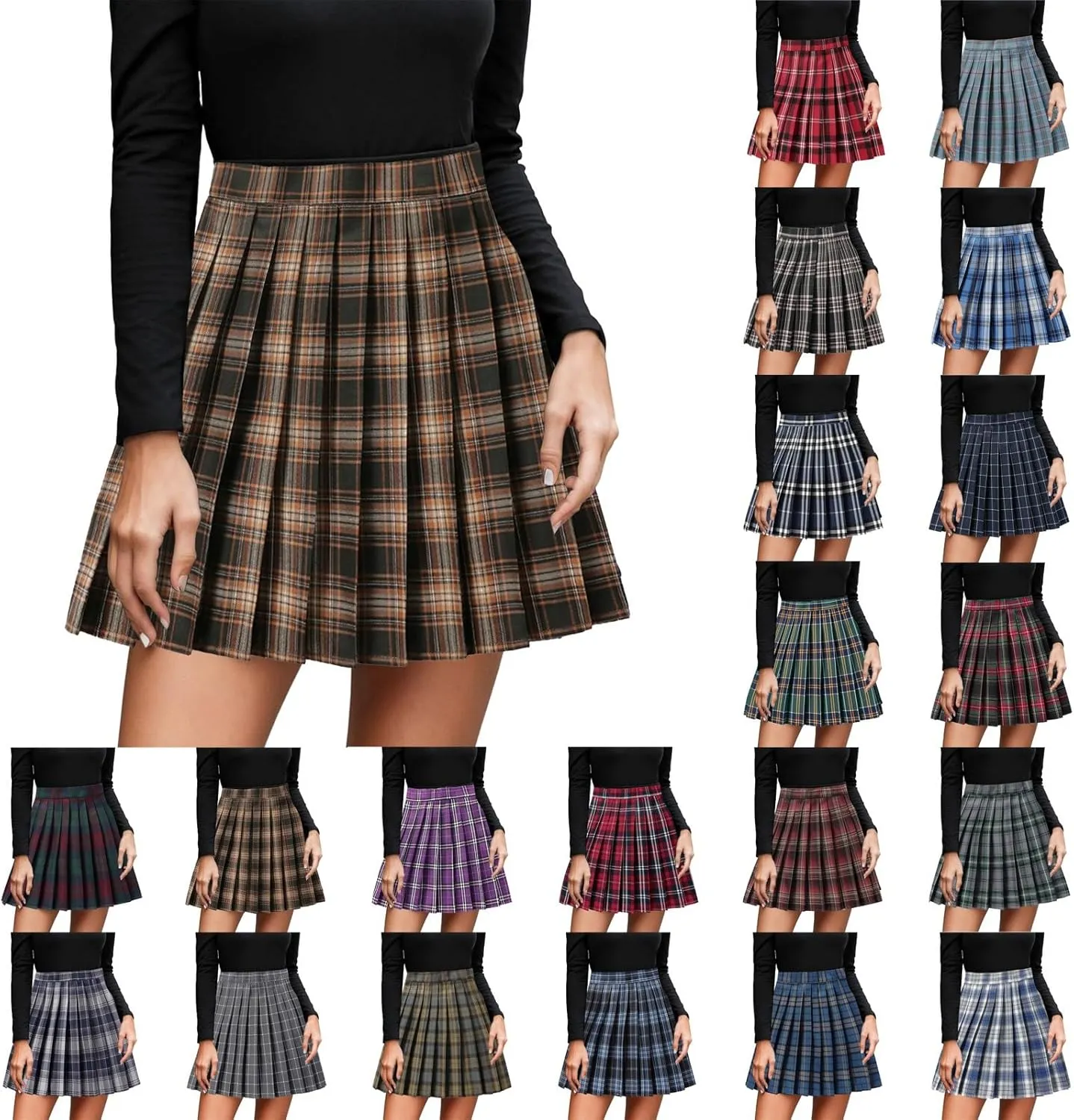 Women's A-line Plaid Skater Pleated Skirts, High Waist Short Mini Y2K Style Tennis Skirt Skort for School Women
