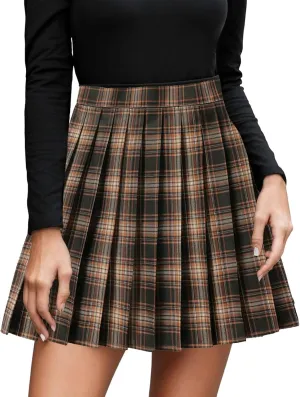 Women's A-line Plaid Skater Pleated Skirts, High Waist Short Mini Y2K Style Tennis Skirt Skort for School Women