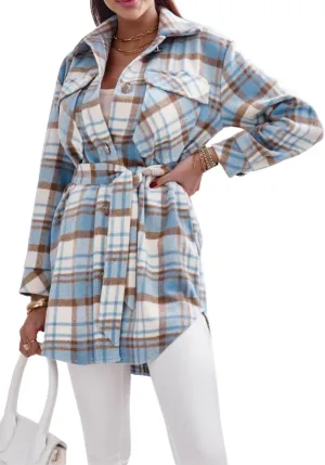Women's Belted Long Plaid Trench Coat Casual Lapel Wool Blend Button Down Flannel Shirt Jacket Shacket