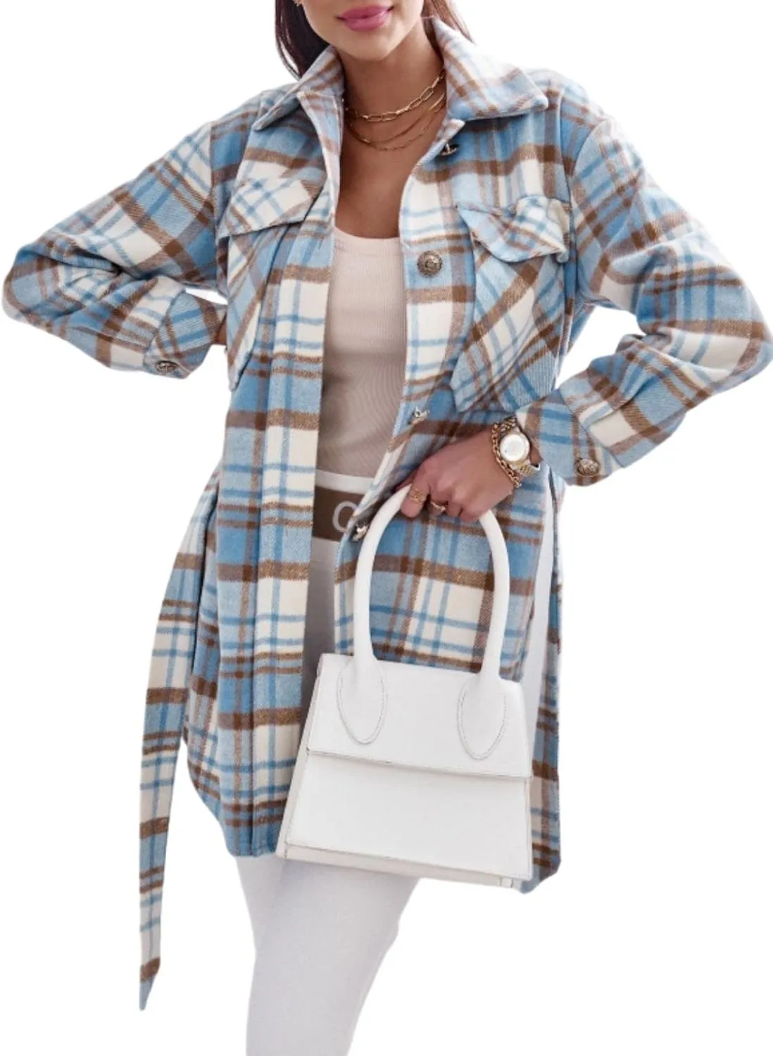 Women's Belted Long Plaid Trench Coat Casual Lapel Wool Blend Button Down Flannel Shirt Jacket Shacket