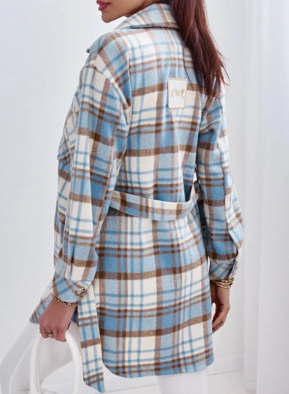 Women's Belted Long Plaid Trench Coat Casual Lapel Wool Blend Button Down Flannel Shirt Jacket Shacket