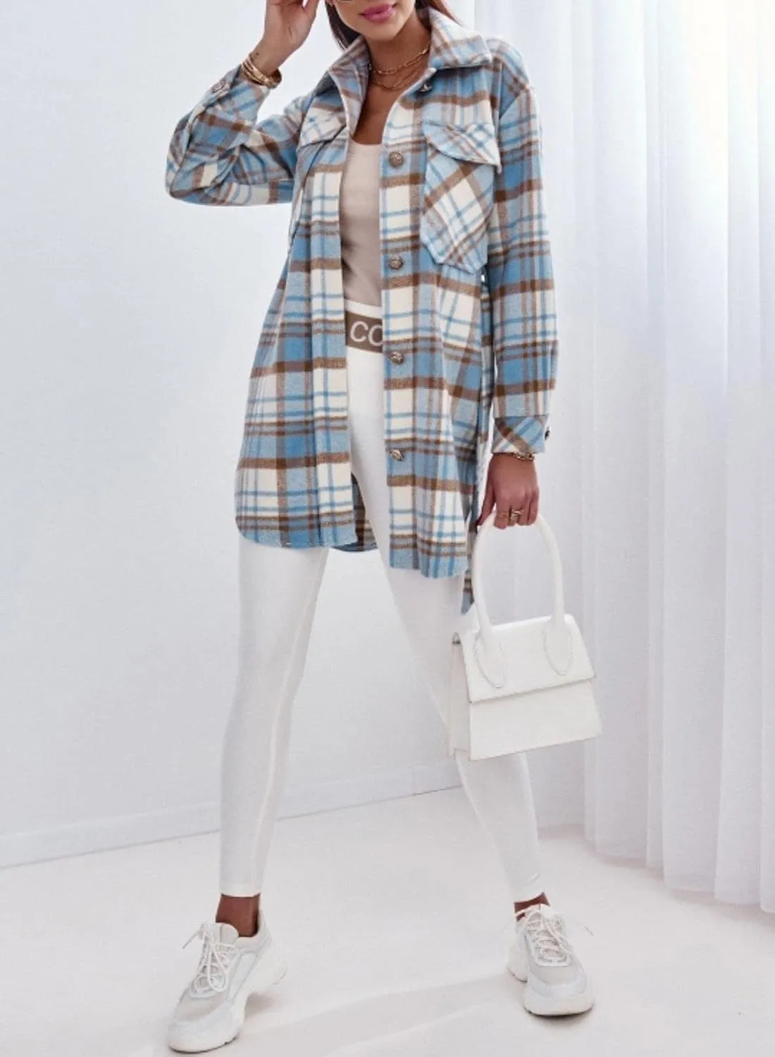Women's Belted Long Plaid Trench Coat Casual Lapel Wool Blend Button Down Flannel Shirt Jacket Shacket