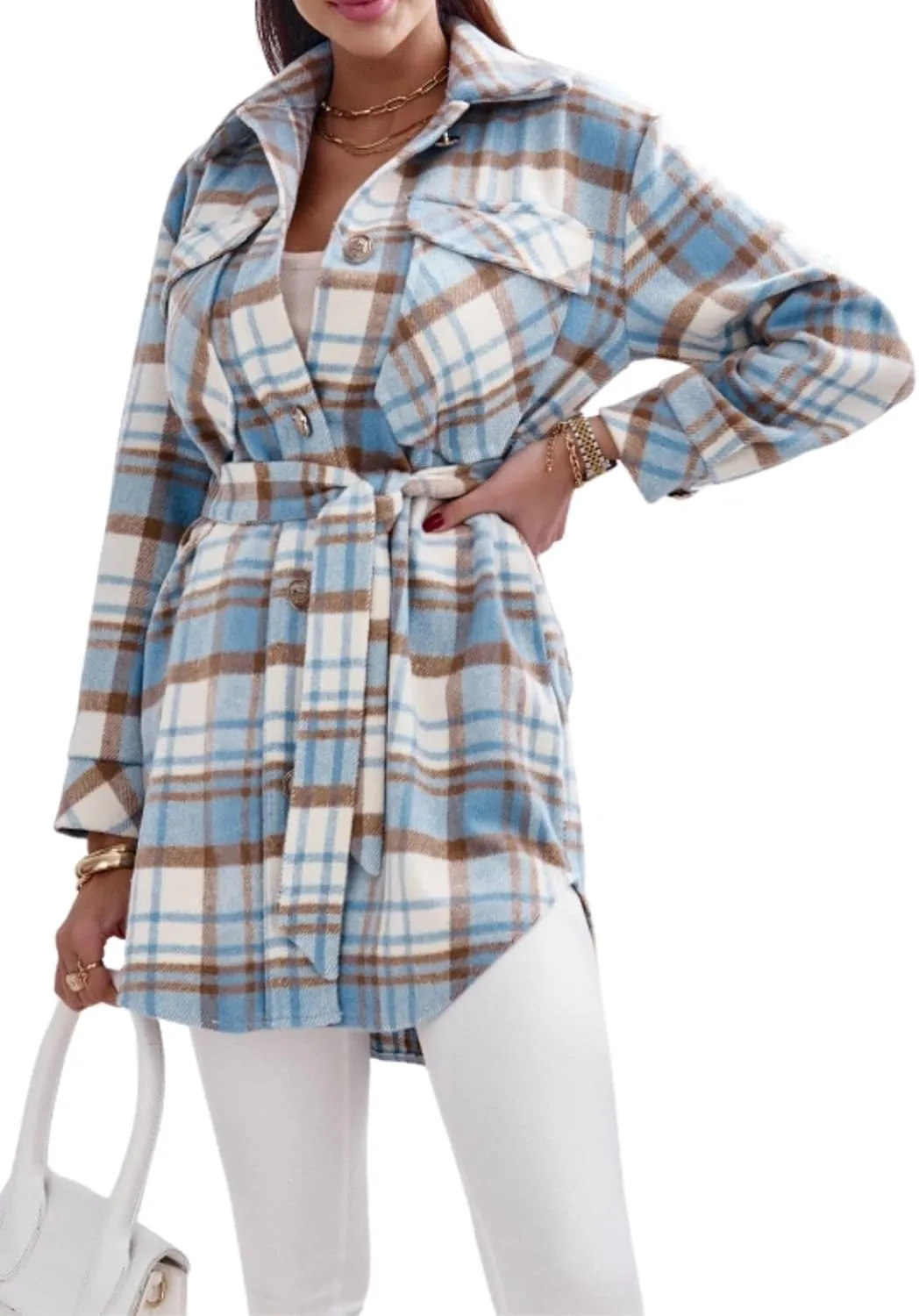 Women's Belted Long Plaid Trench Coat Casual Lapel Wool Blend Button Down Flannel Shirt Jacket Shacket