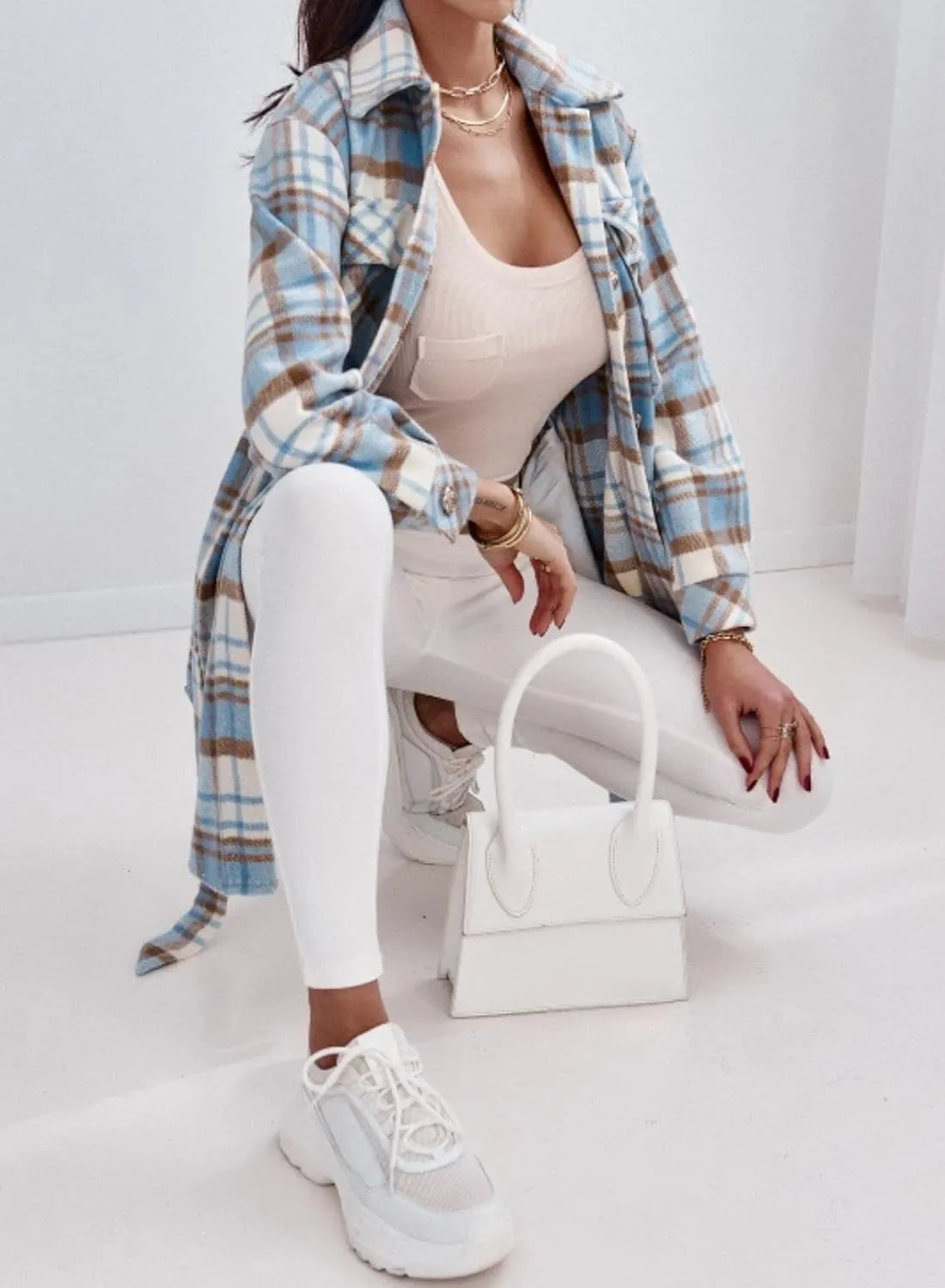 Women's Belted Long Plaid Trench Coat Casual Lapel Wool Blend Button Down Flannel Shirt Jacket Shacket