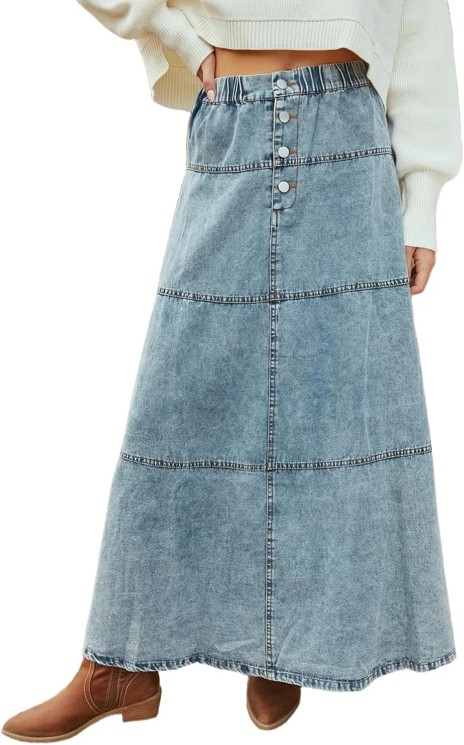 Women's Button Fly Long Denim Skirt Tiered A Line Maxi Jean Skirts with Buttons