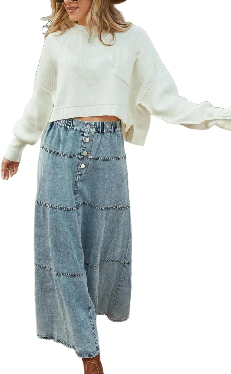 Women's Button Fly Long Denim Skirt Tiered A Line Maxi Jean Skirts with Buttons