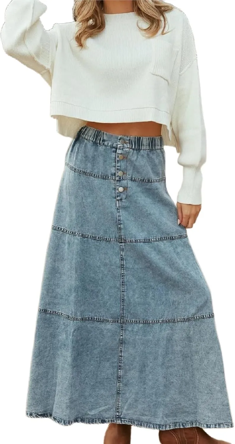 Women's Button Fly Long Denim Skirt Tiered A Line Maxi Jean Skirts with Buttons