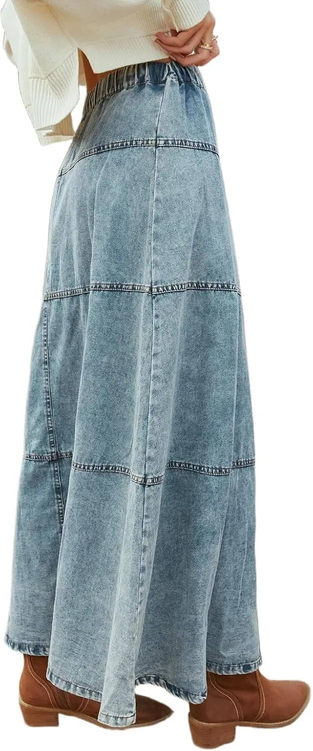 Women's Button Fly Long Denim Skirt Tiered A Line Maxi Jean Skirts with Buttons