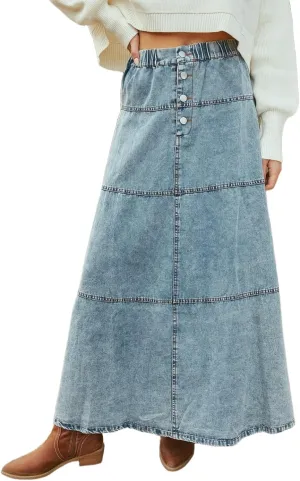Women's Button Fly Long Denim Skirt Tiered A Line Maxi Jean Skirts with Buttons