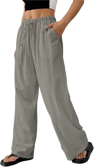 Womens Casual High Waisted Wide Leg Pants Dressy Trousers Lounge Drawstring Straight Leg Long Trousers