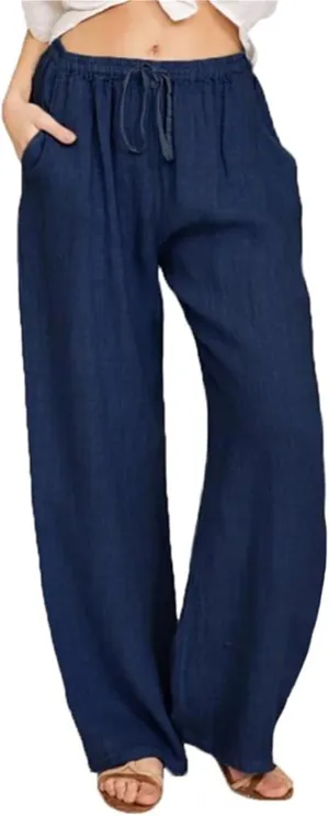 Womens Casual High Waisted Wide Leg Pants Dressy Trousers Lounge Drawstring Straight Leg Long Trousers