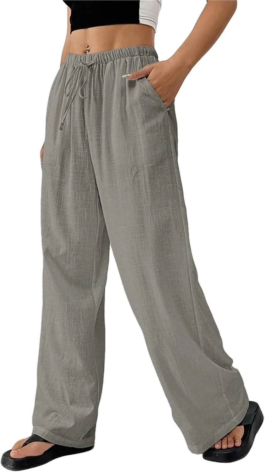 Womens Casual High Waisted Wide Leg Pants Dressy Trousers Lounge Drawstring Straight Leg Long Trousers