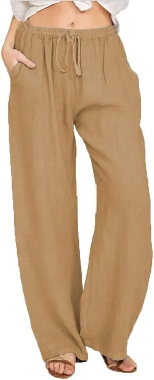 Womens Casual High Waisted Wide Leg Pants Dressy Trousers Lounge Drawstring Straight Leg Long Trousers