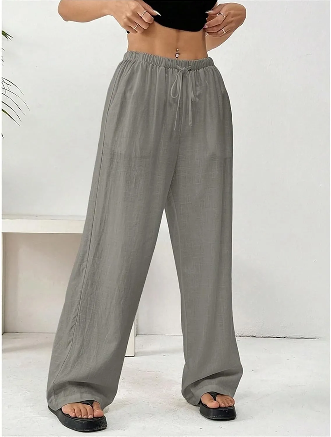 Womens Casual High Waisted Wide Leg Pants Dressy Trousers Lounge Drawstring Straight Leg Long Trousers
