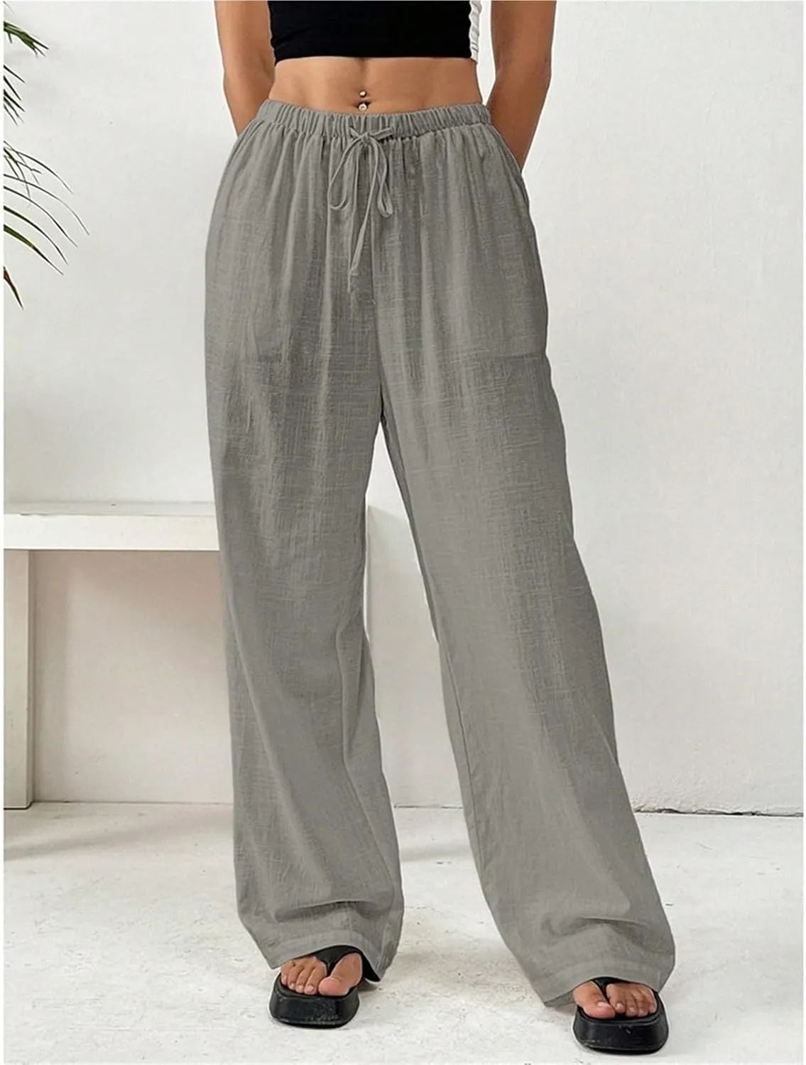 Womens Casual High Waisted Wide Leg Pants Dressy Trousers Lounge Drawstring Straight Leg Long Trousers