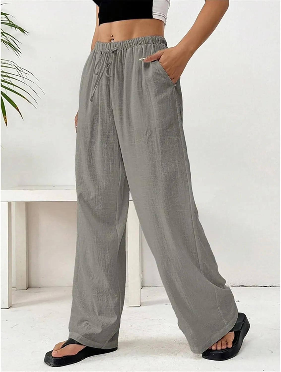 Womens Casual High Waisted Wide Leg Pants Dressy Trousers Lounge Drawstring Straight Leg Long Trousers