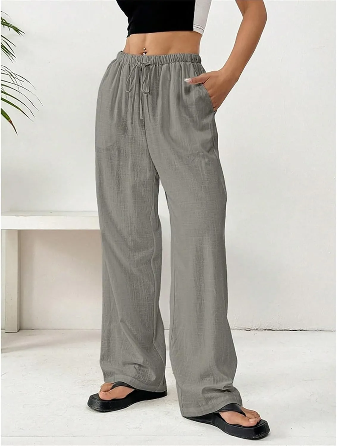 Womens Casual High Waisted Wide Leg Pants Dressy Trousers Lounge Drawstring Straight Leg Long Trousers