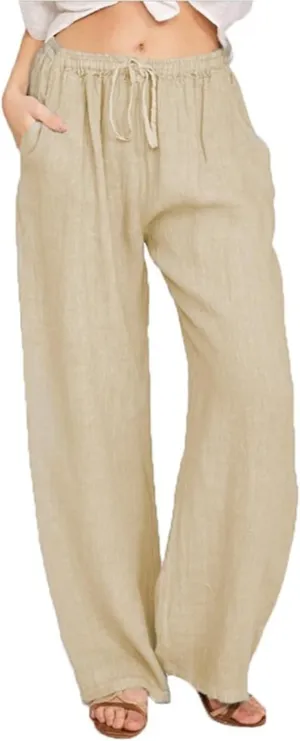 Womens Casual High Waisted Wide Leg Pants Dressy Trousers Lounge Drawstring Straight Leg Long Trousers