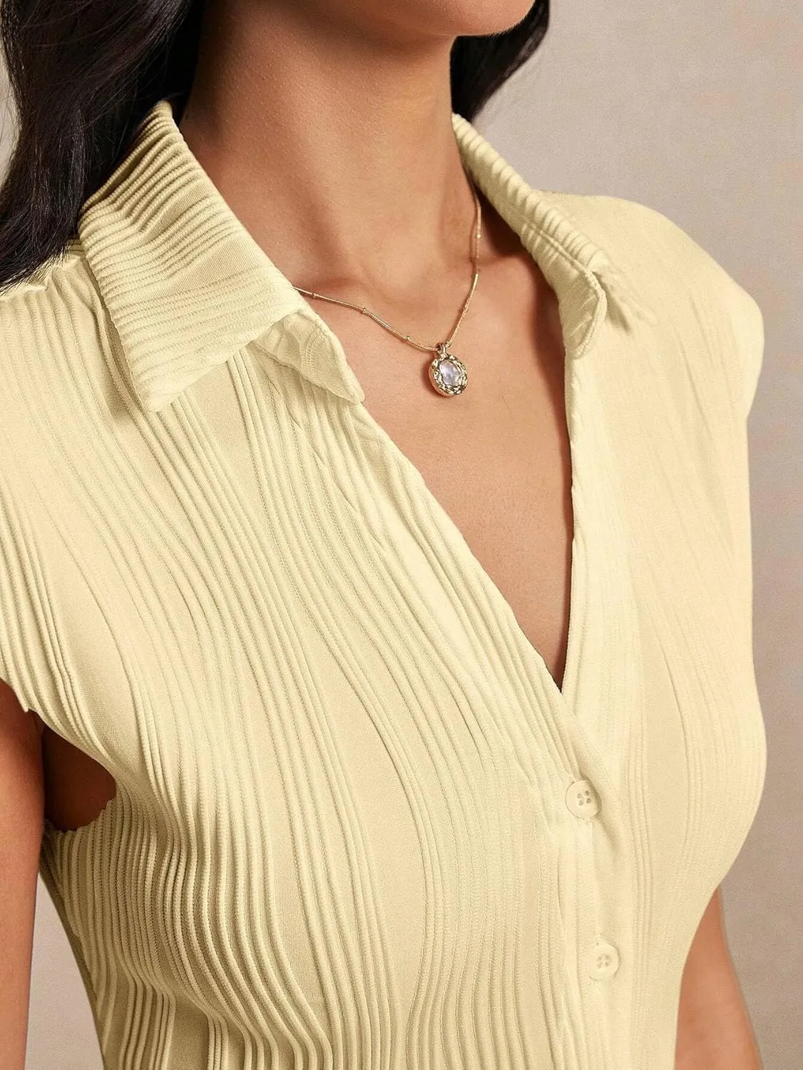Womens Casual Plain Color Textured Front Button T-Shirt Summer Blouse for Women