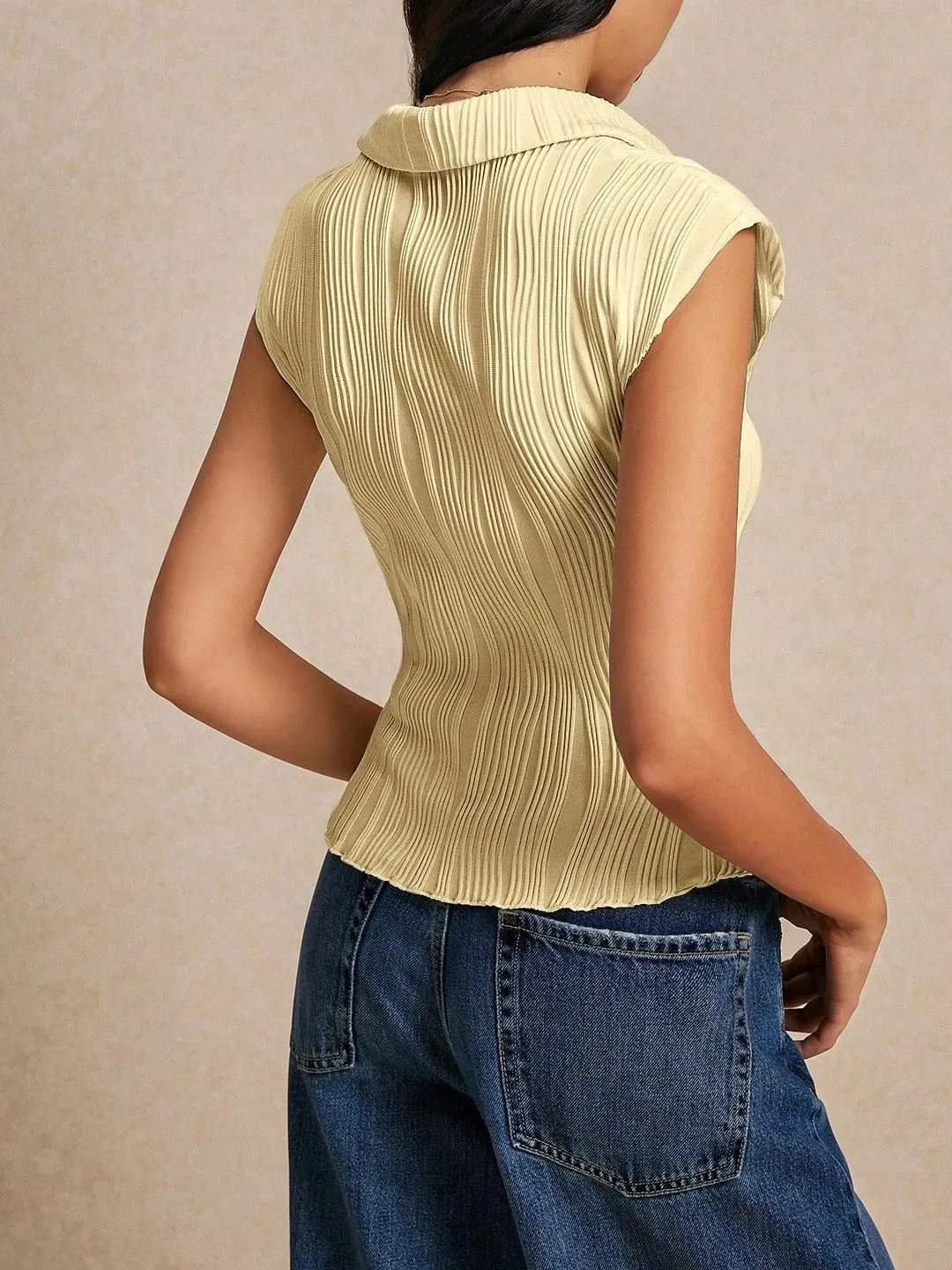 Womens Casual Plain Color Textured Front Button T-Shirt Summer Blouse for Women