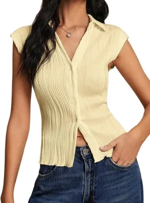 Womens Casual Plain Color Textured Front Button T-Shirt Summer Blouse for Women
