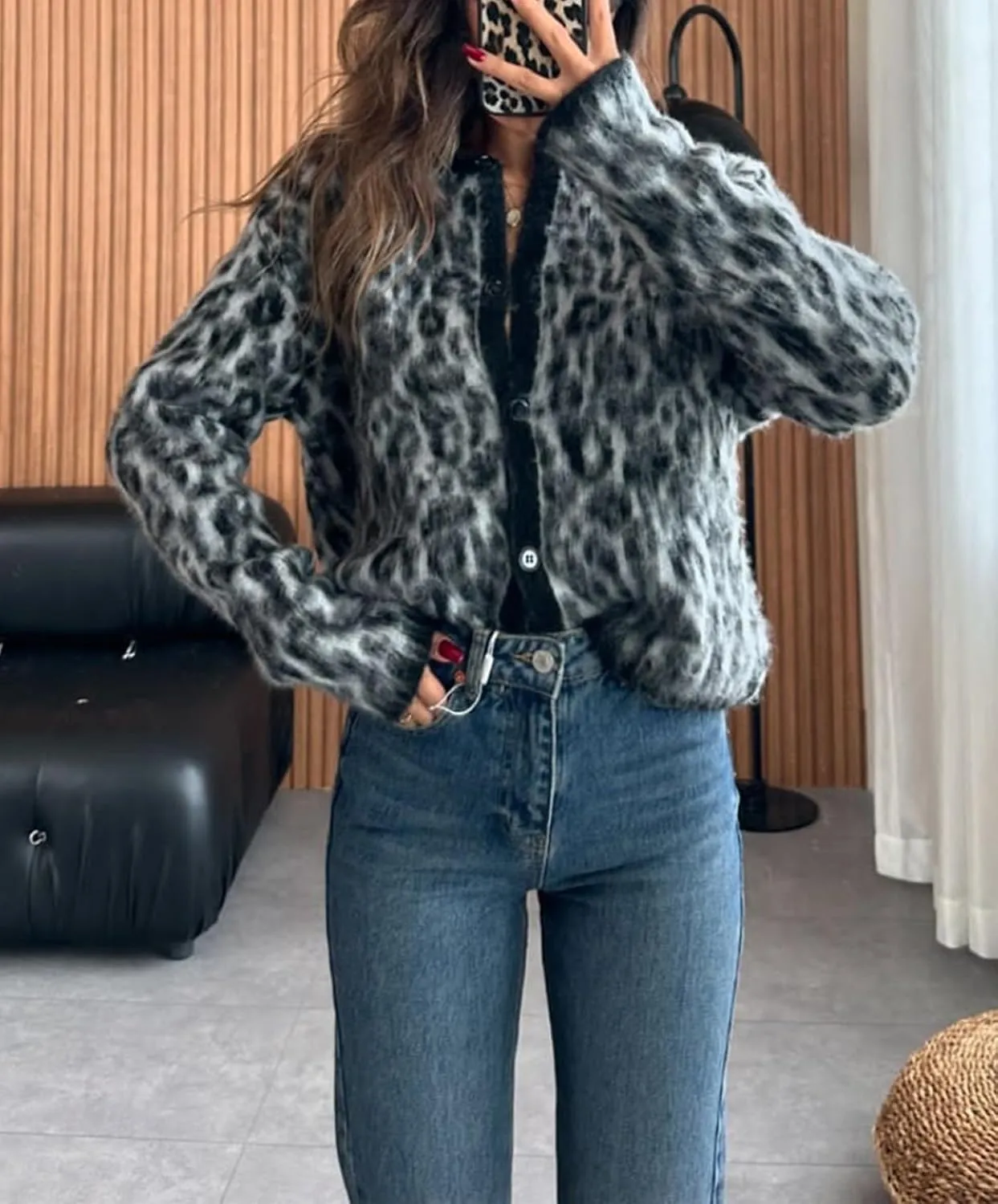 Womens Cropped Cardigan Sweater Leopard Print Long Sleeve Button Down Cardigans Open Front Sweaters
