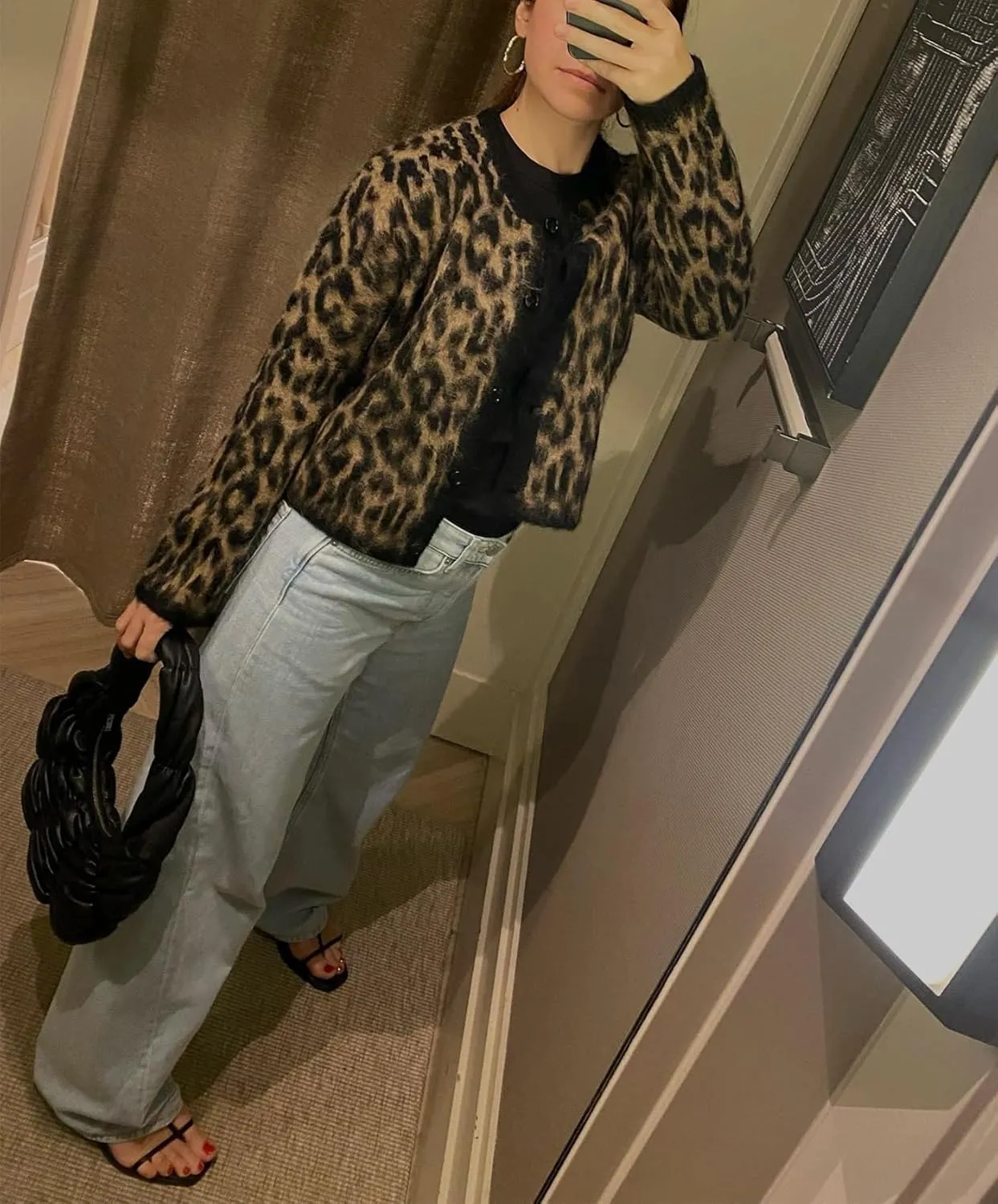 Womens Cropped Cardigan Sweater Leopard Print Long Sleeve Button Down Cardigans Open Front Sweaters