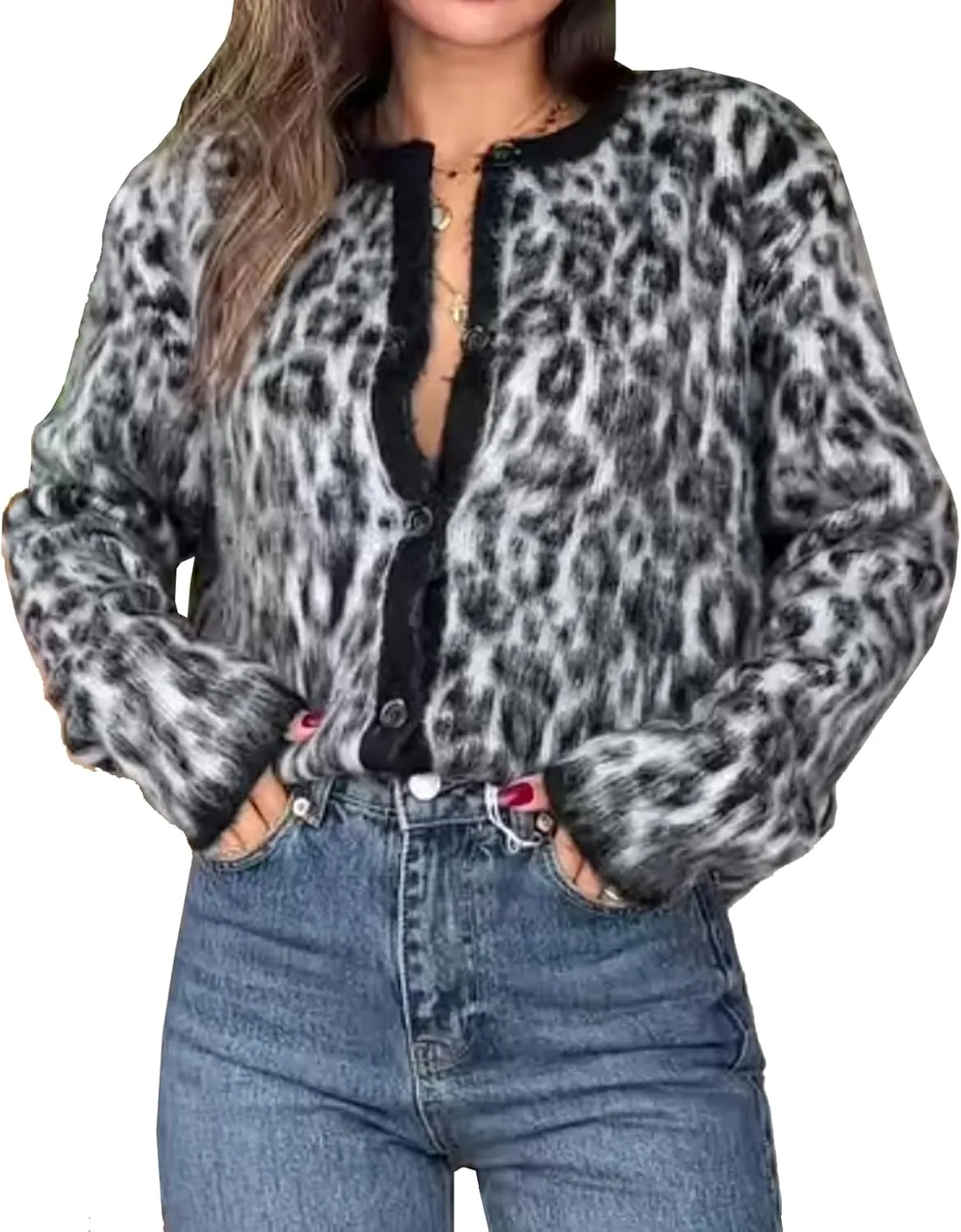 Womens Cropped Cardigan Sweater Leopard Print Long Sleeve Button Down Cardigans Open Front Sweaters