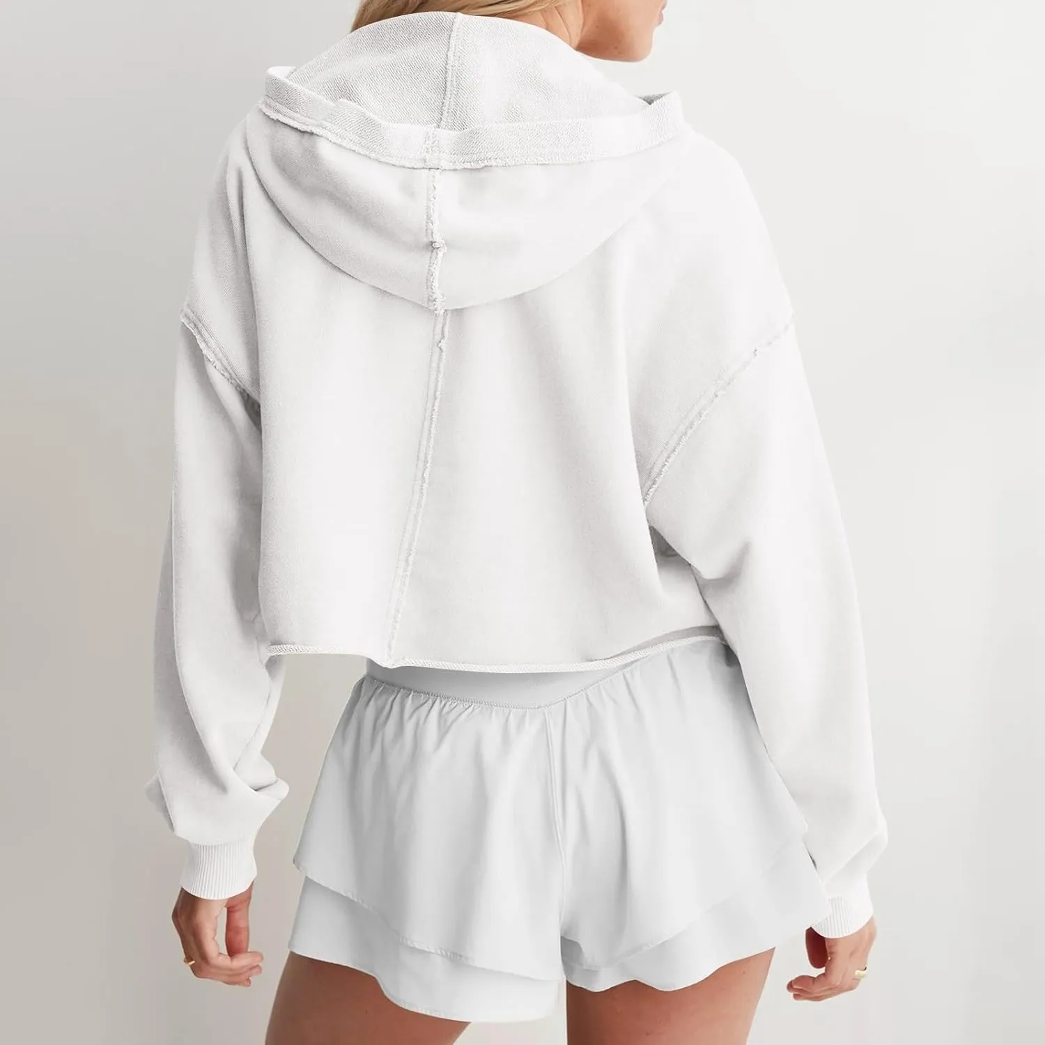 Womens Cropped Hoodies Long Sleeves V Neck Loose Casual Hooded Sweatshirts 2024 Fall Fashion Clothes