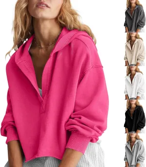 Womens Cropped Hoodies Long Sleeves V Neck Loose Casual Hooded Sweatshirts 2024 Fall Fashion Clothes