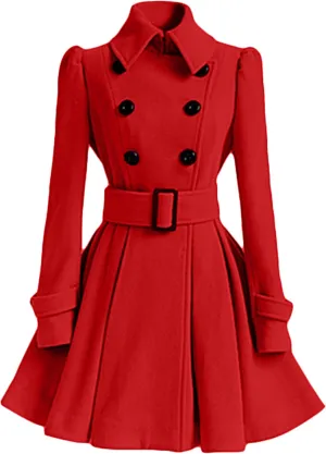 Womens Double Breasted Pleated Pea Coat Long Sleeve Lapel Jacket Midi Swing Outwear with Belt