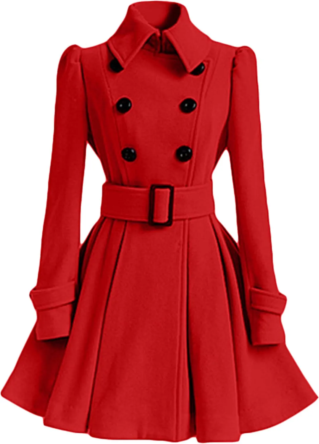 Womens Double Breasted Pleated Pea Coat Long Sleeve Lapel Jacket Midi Swing Outwear with Belt