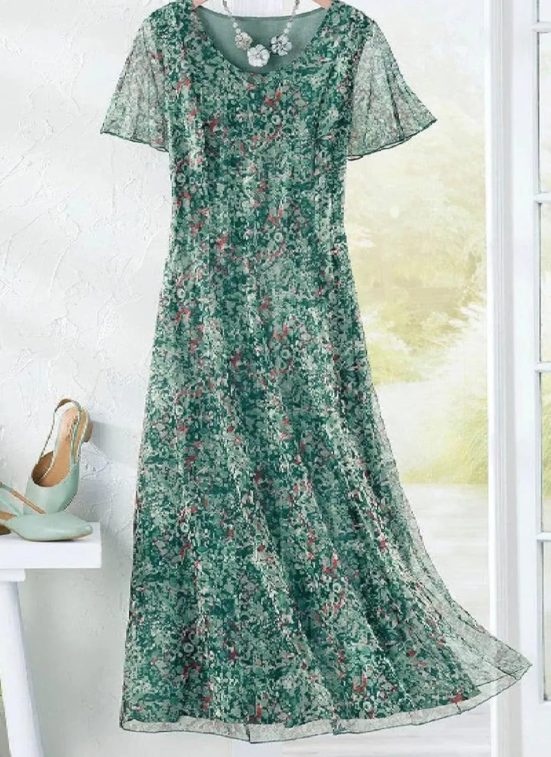 Women's Floral Scoop Neck Sheer Short Sleeve Midi Dress 2025 Summer Boho Lightweight Flowy Shift Beach Vacation Dresses