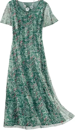 Women's Floral Scoop Neck Sheer Short Sleeve Midi Dress 2025 Summer Boho Lightweight Flowy Shift Beach Vacation Dresses