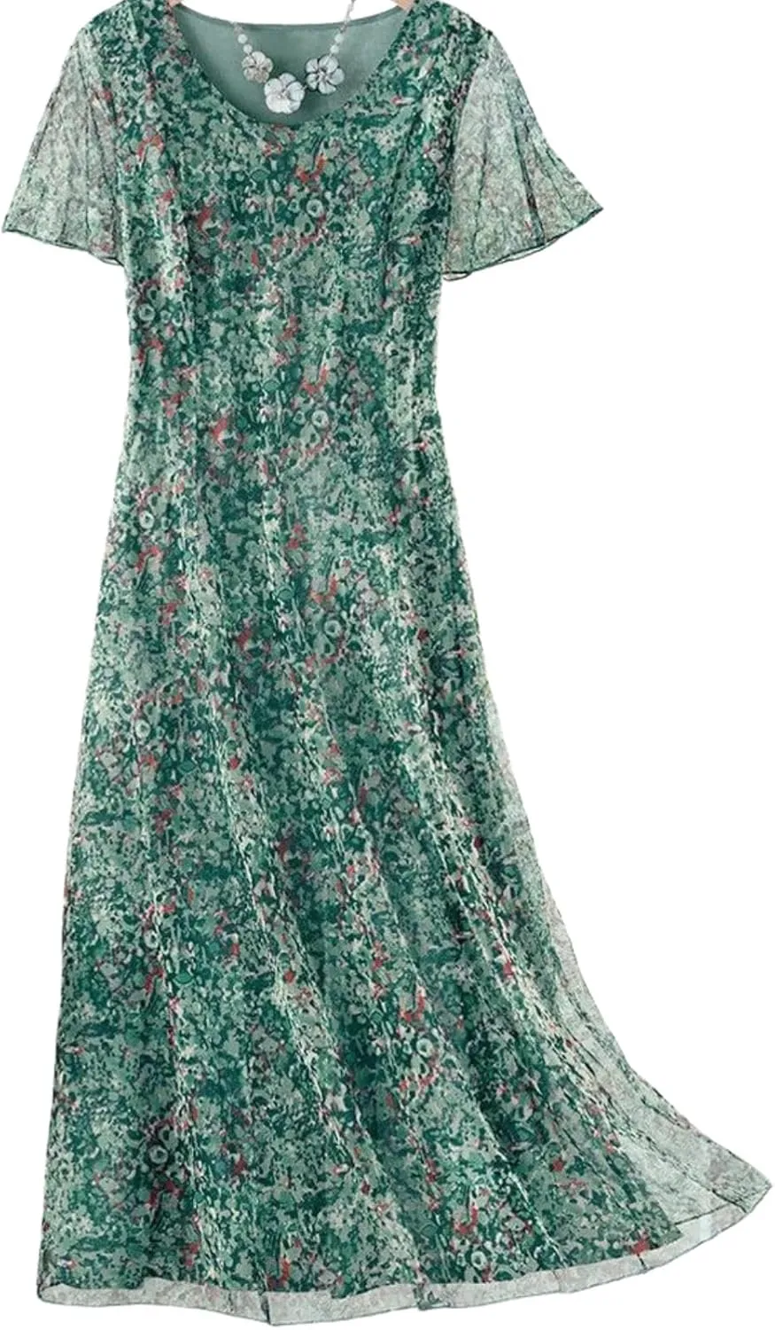 Women's Floral Scoop Neck Sheer Short Sleeve Midi Dress 2025 Summer Boho Lightweight Flowy Shift Beach Vacation Dresses