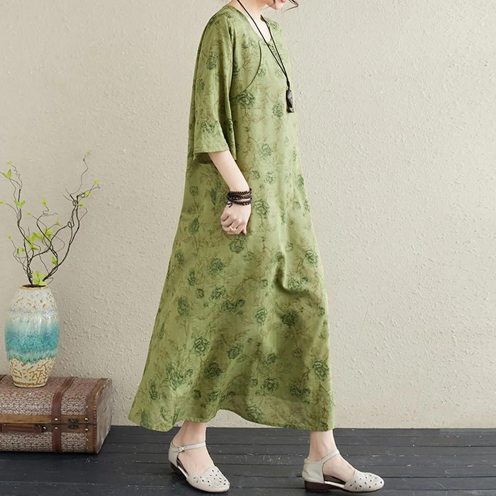 Womens Flowy Floral Crewneck Midi Dress Elegant Shift Dress Cheongsam Dress Summer Maternity Wedding Guest Vacation Dresses