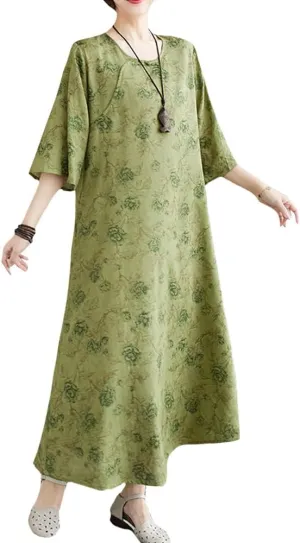 Womens Flowy Floral Crewneck Midi Dress Elegant Shift Dress Cheongsam Dress Summer Maternity Wedding Guest Vacation Dresses