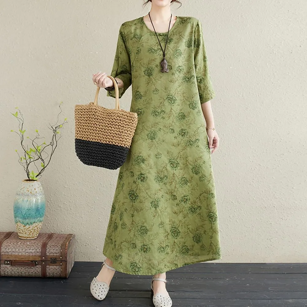 Womens Flowy Floral Crewneck Midi Dress Elegant Shift Dress Cheongsam Dress Summer Maternity Wedding Guest Vacation Dresses