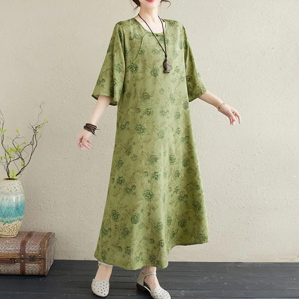 Womens Flowy Floral Crewneck Midi Dress Elegant Shift Dress Cheongsam Dress Summer Maternity Wedding Guest Vacation Dresses