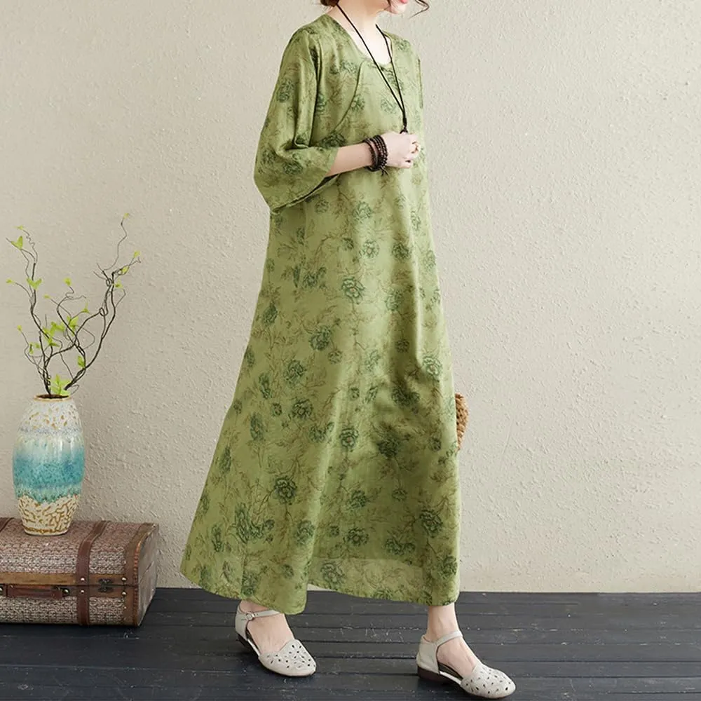 Womens Flowy Floral Crewneck Midi Dress Elegant Shift Dress Cheongsam Dress Summer Maternity Wedding Guest Vacation Dresses