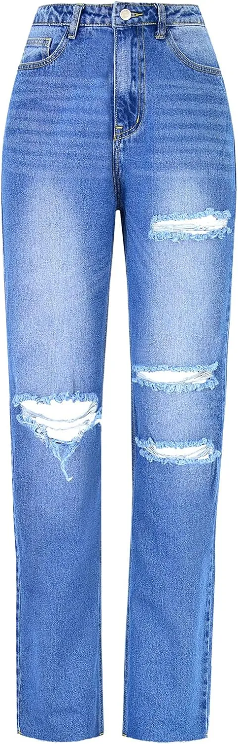 Women's High Waist Jeans Y2K Fashion Wide Leg Straight Leg Jeans Loose Stitched Lace Jeans Ripped Streetwear