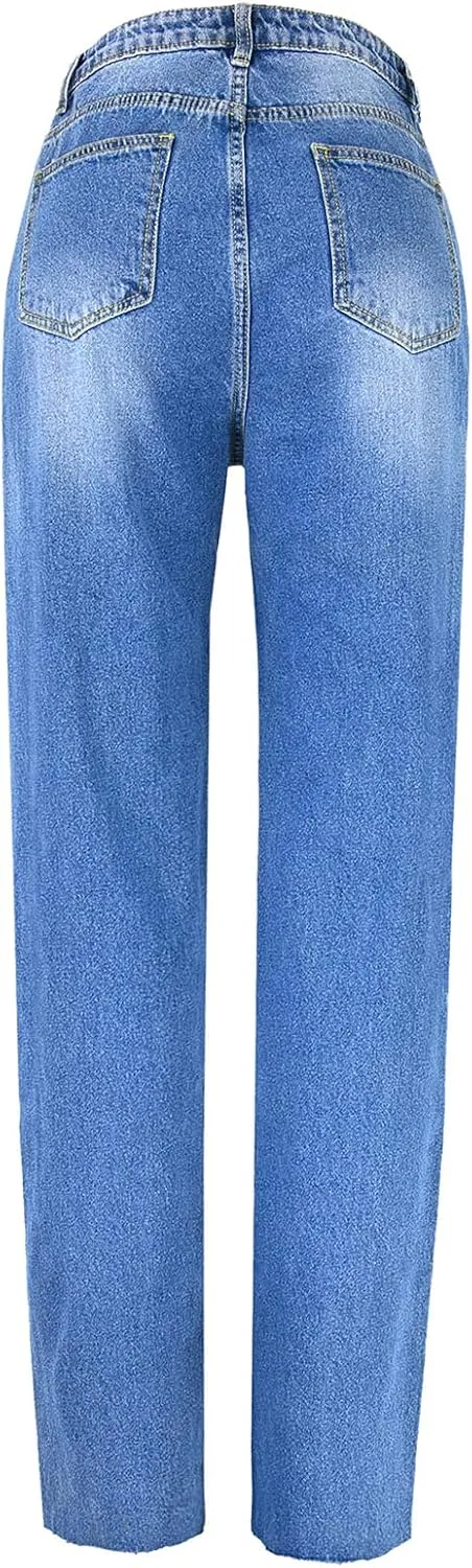Women's High Waist Jeans Y2K Fashion Wide Leg Straight Leg Jeans Loose Stitched Lace Jeans Ripped Streetwear