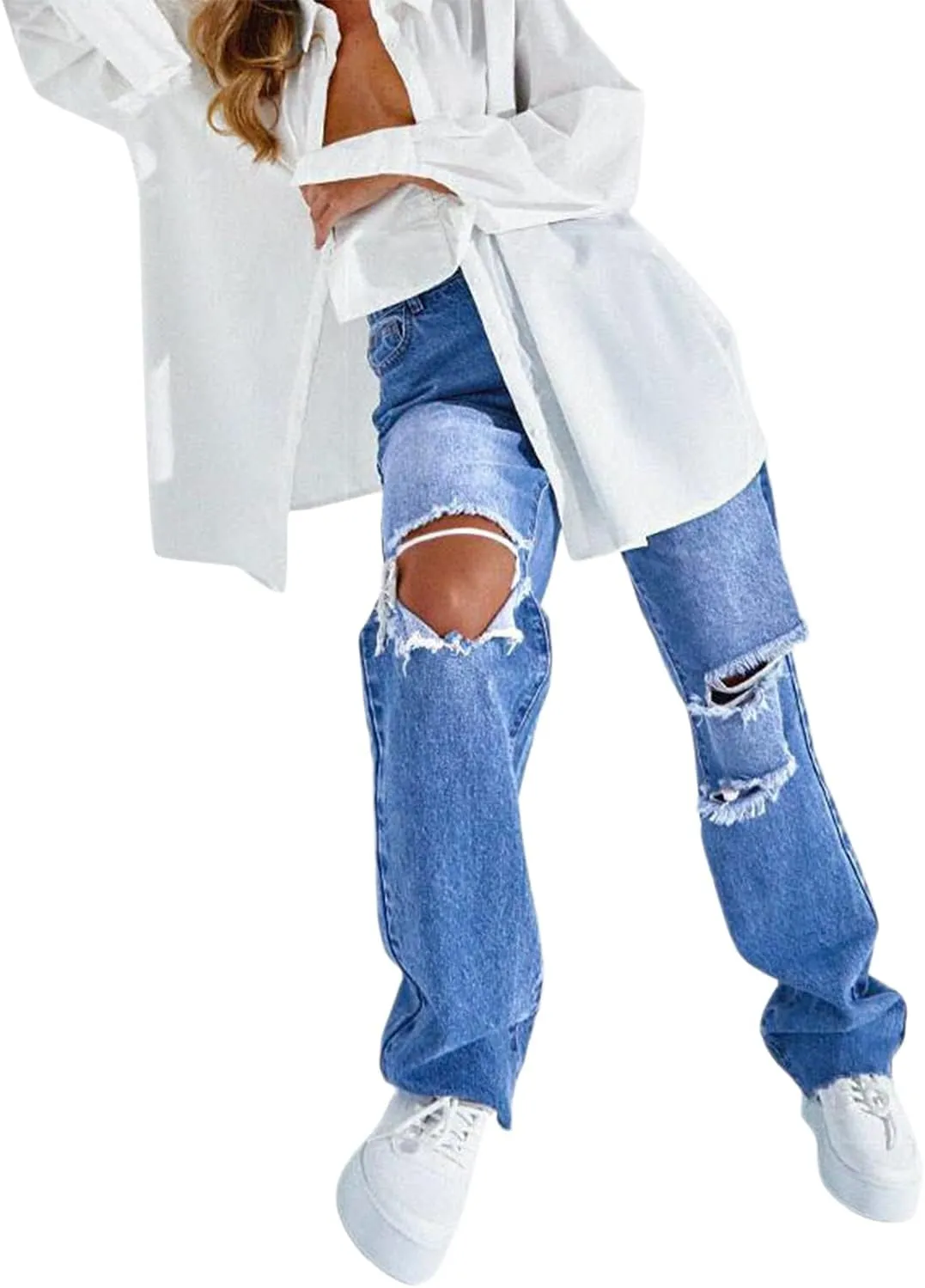Women's High Waist Jeans Y2K Fashion Wide Leg Straight Leg Jeans Loose Stitched Lace Jeans Ripped Streetwear