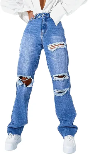 Women's High Waist Jeans Y2K Fashion Wide Leg Straight Leg Jeans Loose Stitched Lace Jeans Ripped Streetwear