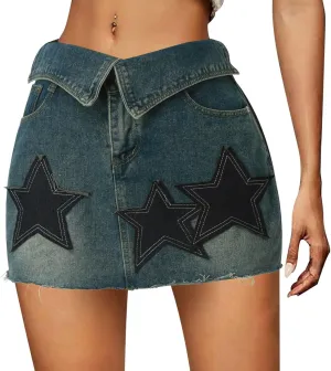 Women's High Waist Mini Denim Skirt Button Front with Pockets Short Casual Jean Skirts Independence Day Star