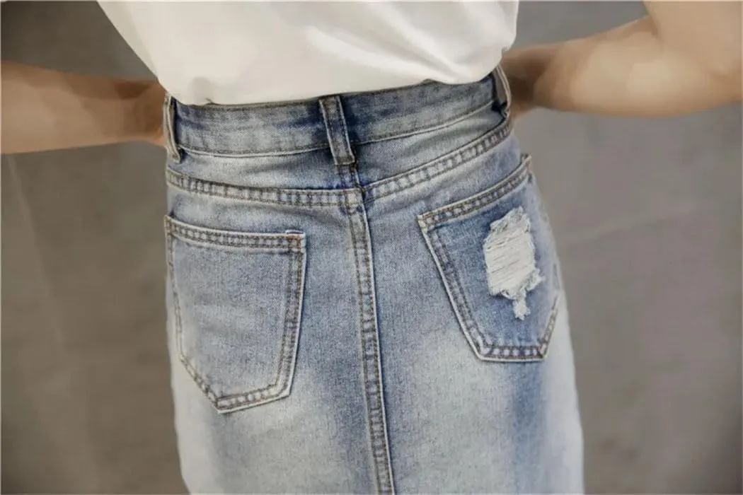 Women's High Waist Ripped Denim Skirt Front Slit Wrapped Hip Slimming Mid-Length Skirts